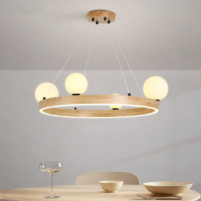 Nordic Minimalist Wood Circle Glass Ball 3/4 Light Chandelier