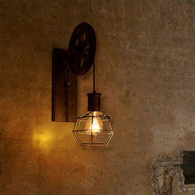 Vintage Industrial Pulley Iron 1-Light Wall Sconce Lamp