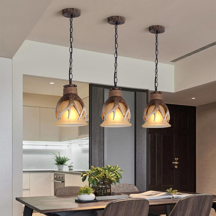 Moderne industrielle Pendelleuchte mit Geweih-, Ruder-, Harz- und Glasdesign, 1-flammig, für das Esszimmer 