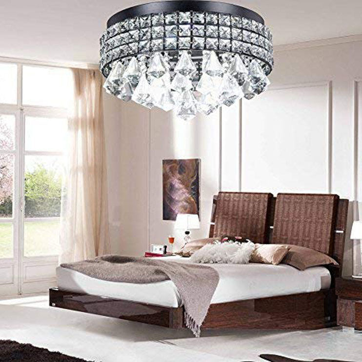 European Luxury Black Round Crystal 4-Light Flush Mount Ceiling Light