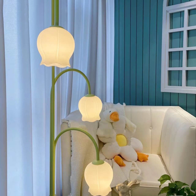 Modern Creative Bell Orchid Glass Lampshade 3-Light Standing Floor Lamp