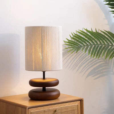 Japanese Minimalist Walnut Fabric Lampshade Cylinder 1-Light Table Lamp