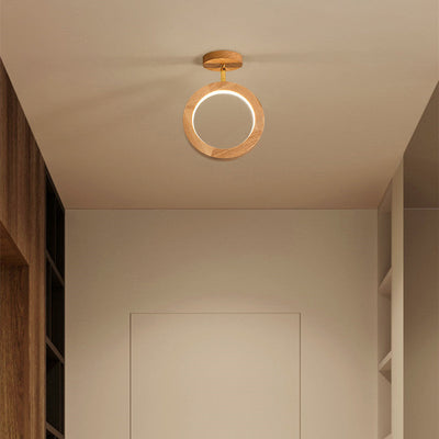 Nordic Minimalist Solid Wood Circle Ring LED Semi-Flush Mount Ceiling Light