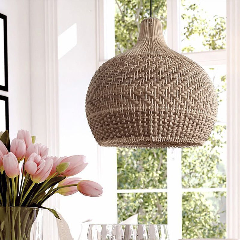 Contemporary Boho Rattan Weaving Cage 1-Light Pendant Light For Dining Room