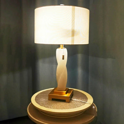 Moderne Luxus Zylinder Runde Metall Marmor Stoff 1-Licht Tischlampe für Schlafzimmer 
