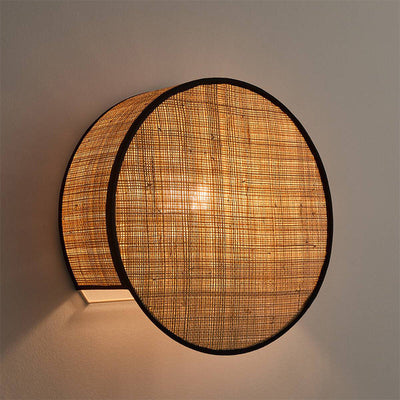 Contemporary Boho Rattan Weaving Cylinder Shade 1-Light Wall Sconce Lamp For Bedroom