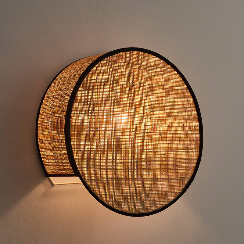 Zeitgenössische Boho Rattan Weben Zylinder Schatten 1-Licht Wand Leuchte Lampe für Schlafzimmer 