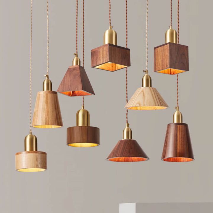 Traditional Vintage Ash Wood Walnut Geometric Round Cone Brass 1-Light Pendant Light for Living Room