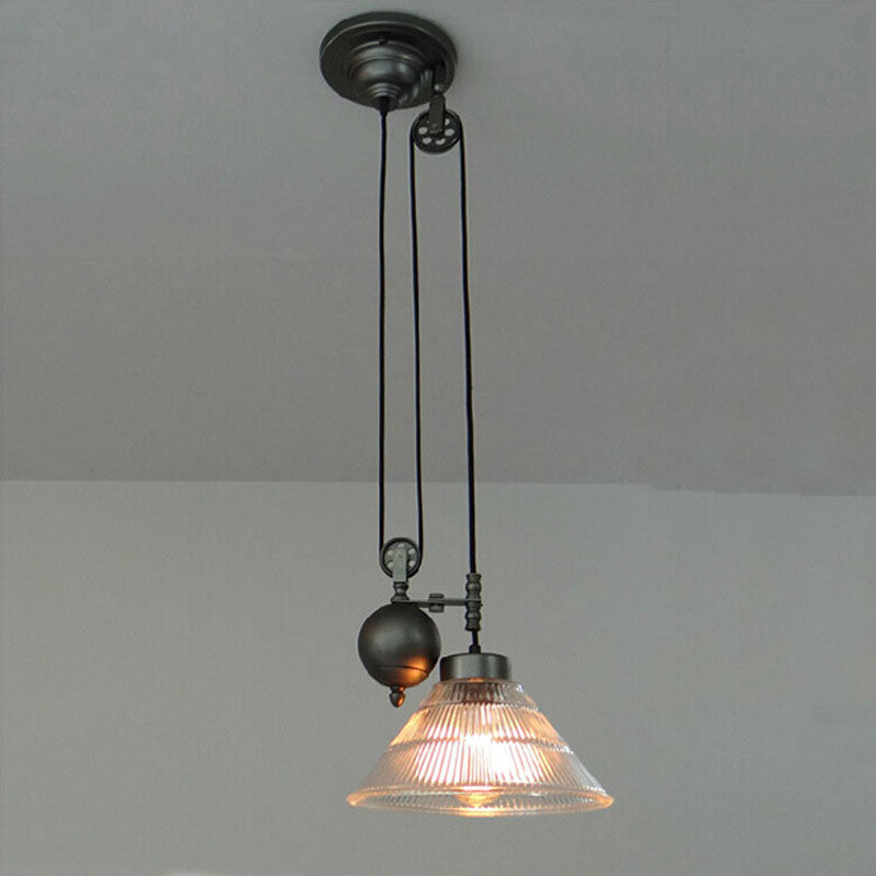 Contemporary Transitional Iron Pulley Liftable Pleated Glass Shade 1-Light Pendant Light For Dining Room