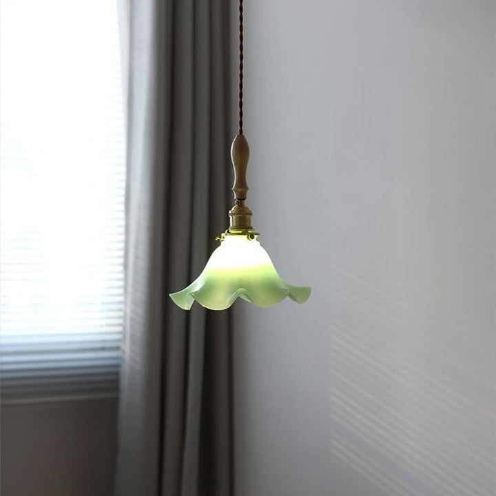 Moderne nordische Pendelleuchte mit Glas, Walnussholz und Blütenblatt-Design, 1-flammig, für Wohnzimmer &amp; Schlafzimmer 