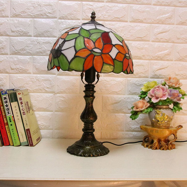 Lampe de table traditionnelle à 2 lumières en forme de dôme en verre teinté libellule Tiffany Rose pour étude 
