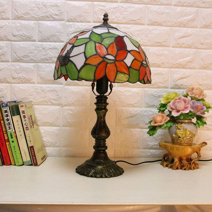 Lampe de table traditionnelle à 2 lumières en forme de dôme en verre teinté libellule Tiffany Rose pour étude 