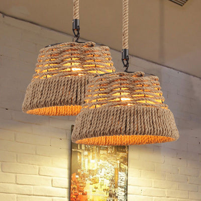 Vintage Industrial Hemp Rope Cone Straw Hat 1-Light Pendant Light