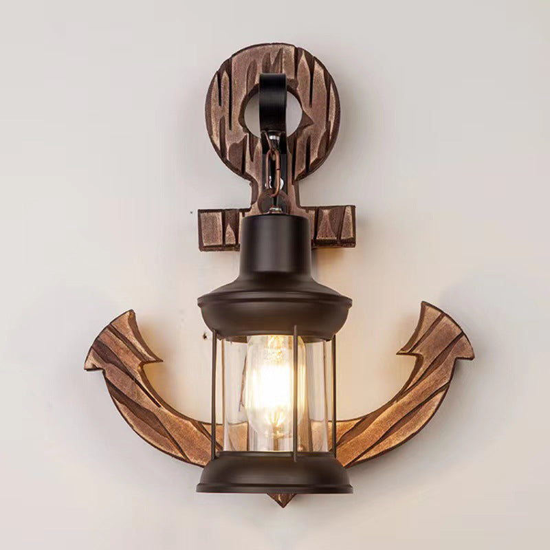 Traditional Vintage Distressed Wood Boat Anchor Cylindrical Glass Shade 1-Light Wall Sconce Lamp For Entertainment Room