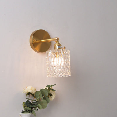 Japanese Vintage Brass Glass Cylinder 1-Light Wall Sconce Lamp