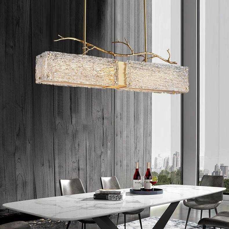 Nordic Light Luxury Rectangular All Brass Glass LED Island Light Chandelier