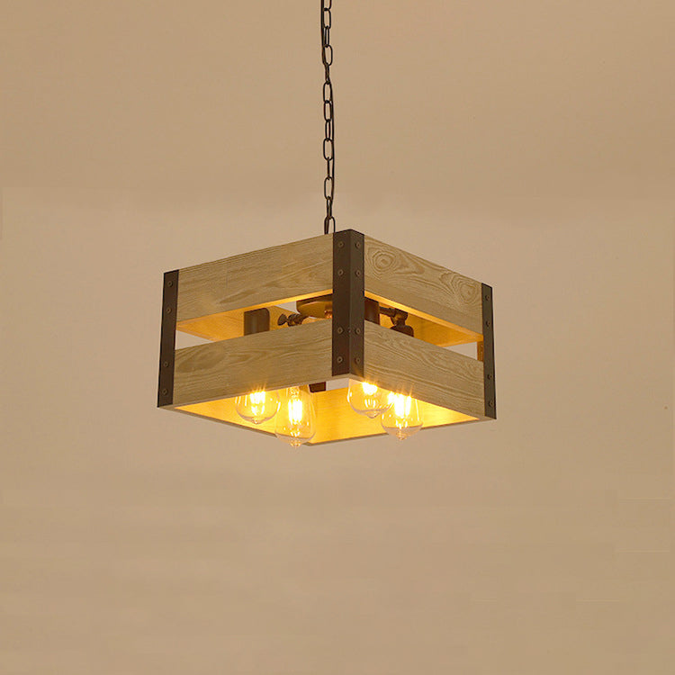 Chandelier Vintage Industriel en Bois avec Cage Carrée 1/4 Lumière 