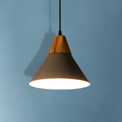 Industrial Minimalist Cone Wood Iron 1-Light Pendant Light