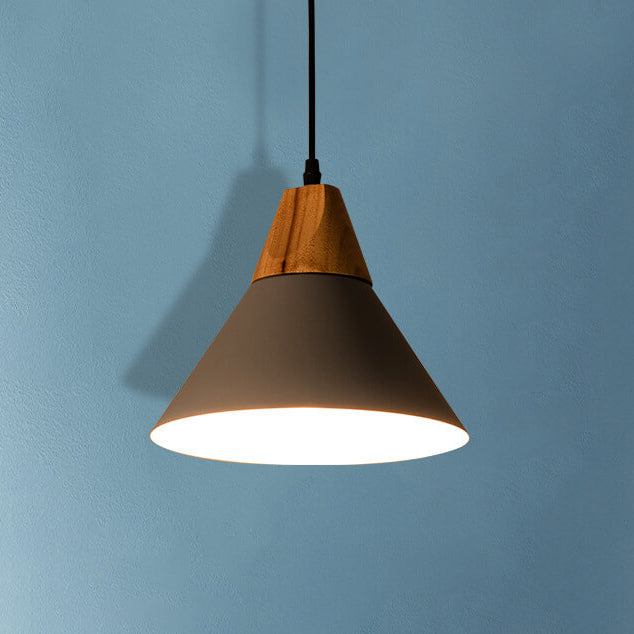 Industrial Minimalist Cone Wood Iron 1-Light Pendant Light