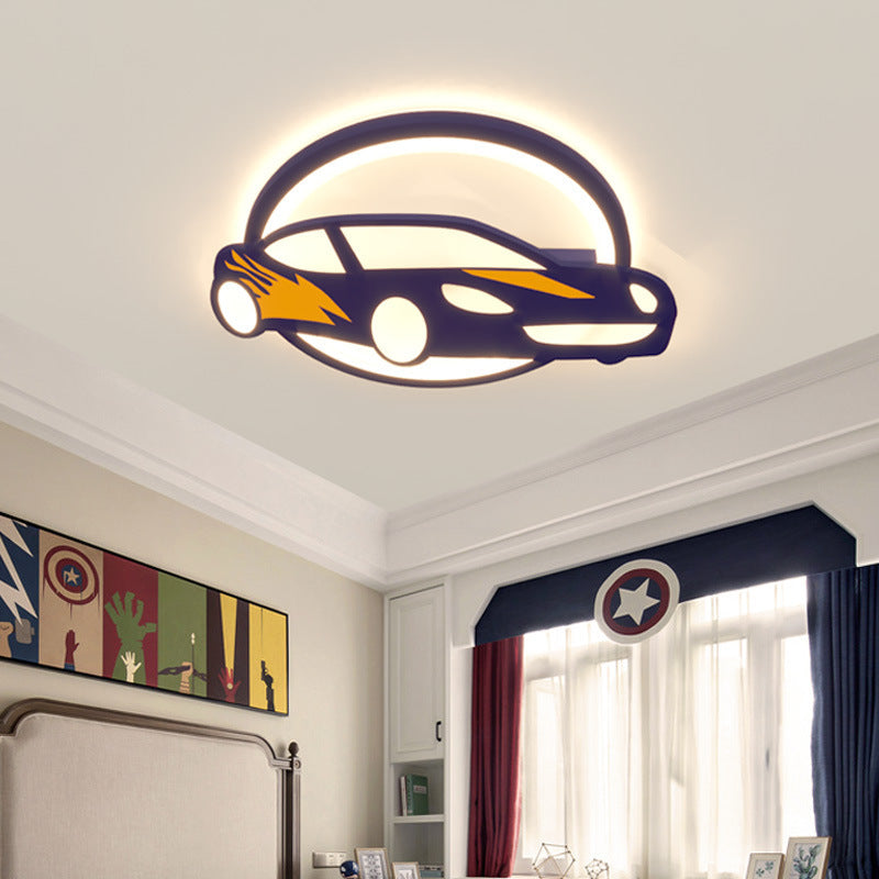 Contemporary Creative Iron Acrylic Cartoon Sports Car LED Kids Flush Mount Ceiling Light For Bedroom