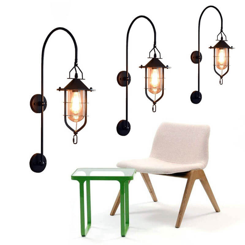 Contemporary Industrial Iron Glass Cage Curved Arm 1-Light Wall Sconce Lamp For Living Room &amp; Bedroom