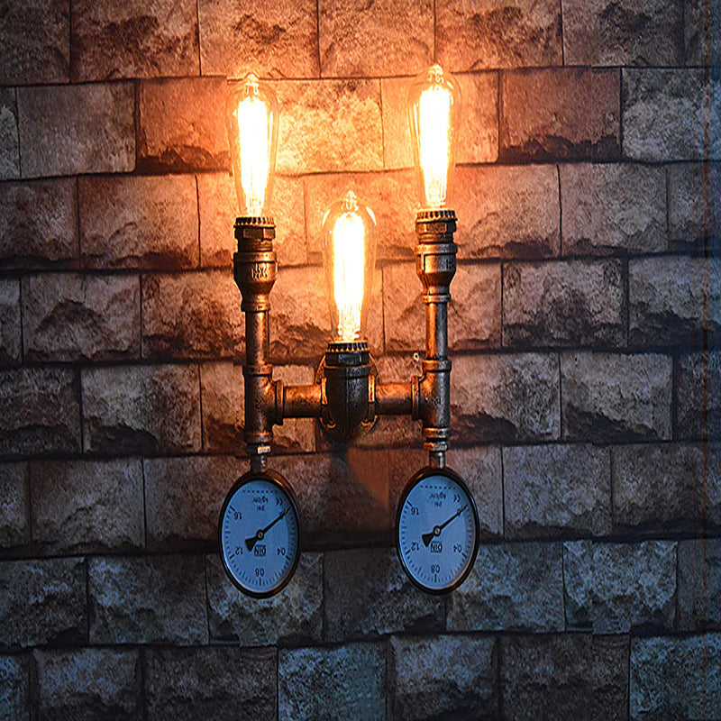Vintage Industrial Iron Pipe Water Meter 3-Light Wall Sconce Lamp
