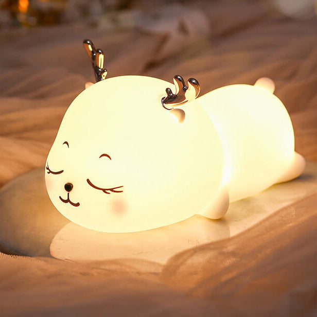 Lampe de Table Veilleuse à LED Rechargeable en Silicone Dessin Animé Cerf Mignon à Sept Couleurs 