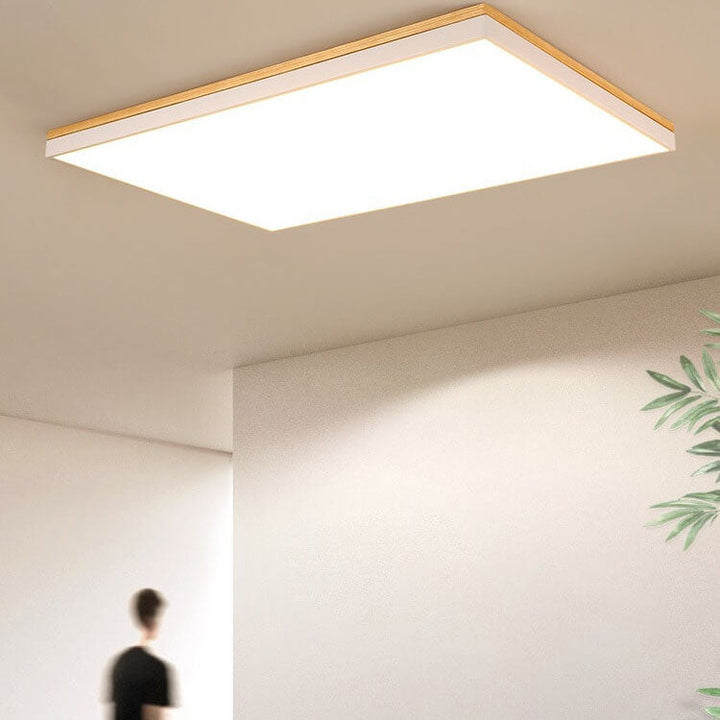 Moderne minimalistische LED-Deckenleuchte zur flachen Montage aus massivem Holz und Acryl in quadratischer Rechteckform für das Wohnzimmer 
