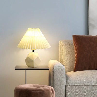 Contemporary Creative Pleated Fabric Shade Imitation Stone Base 1-Light Table Lamp For Bedroom