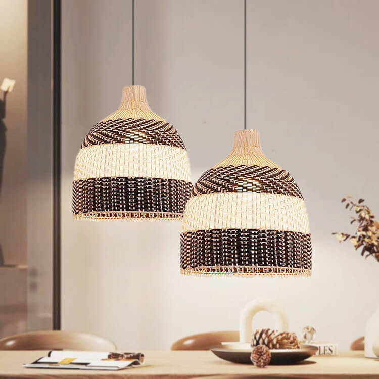 Modern Rattan Bamboo Black and White Dome 3-Light Chandelier