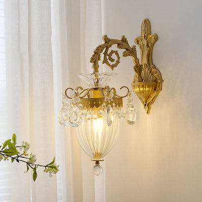 Traditional French Court Lantern Brass Crystal 1/2 Light Wall Sconce Lamp For Living Room
