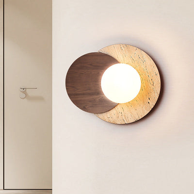 Traditional Japanese White Travertine Disc 1-Light Wall Sconce Lamp For Bedroom