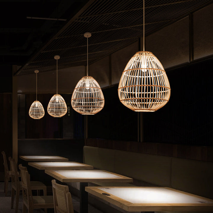 Zeitgenössische Boho Rattan Webkäfig 1-Licht Pendelleuchte für Esszimmer 
