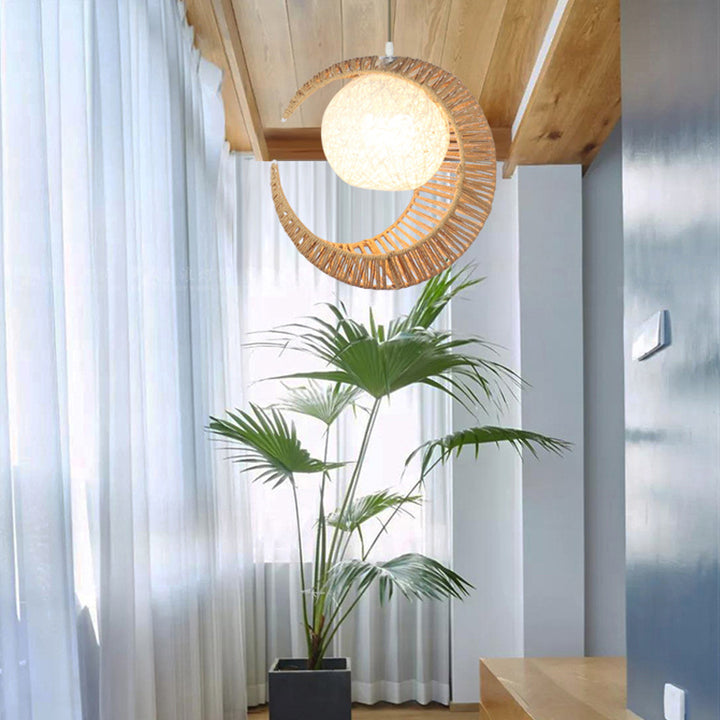 Suspension Luminaire à 1 Lumière en Osier Tressé Créatif Japonais Lune 