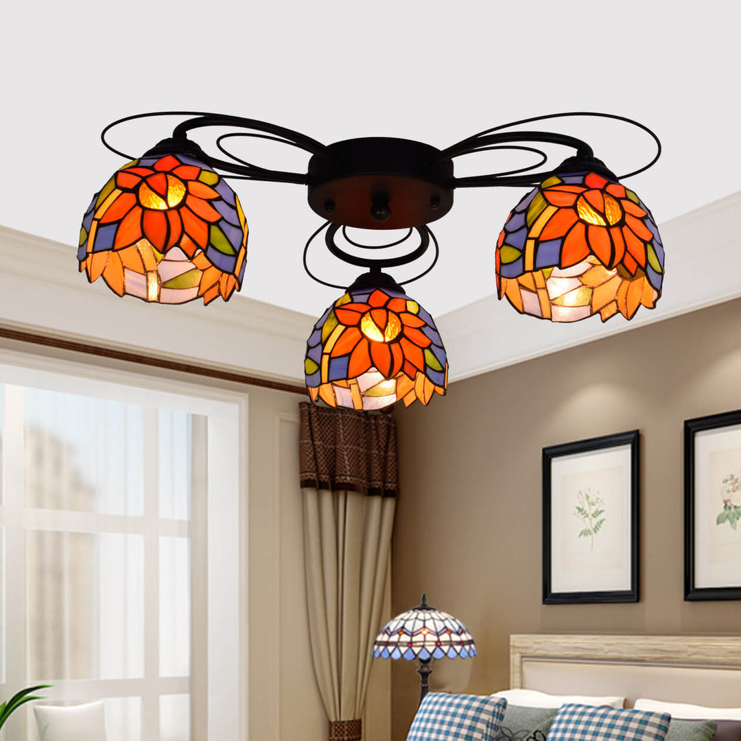 Luz de montaje empotrado de 3 luces de vidrio de hierro Tiffany rústico europeo 