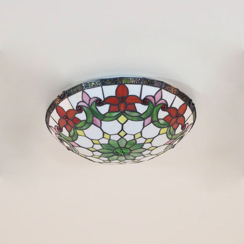 European Tiffany Flowers Stained Glass 3-Light Flush Mount Ceiling Light
