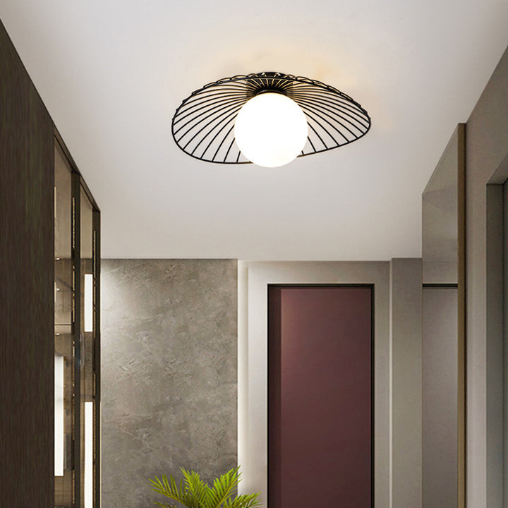 Contemporary Creative Iron Glass Straw Hat 1-Light Semi-Flush Mount Ceiling Light For Hallway
