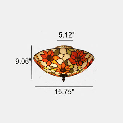 Tiffany European Sunflower Stained Glass Bowl 3-Light Flush Mount Ceiling Light