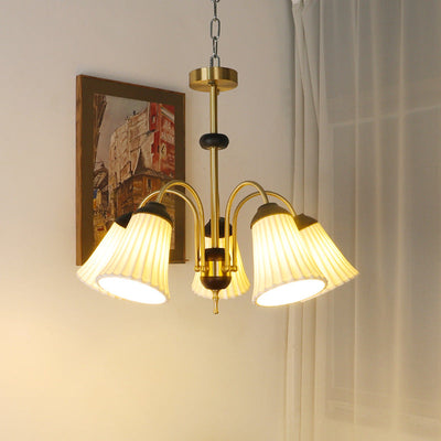 Traditional French Provincial Gold Finish Frame Ceramic Morning Glory Shape 3/5-Light Chandelier For Living Room