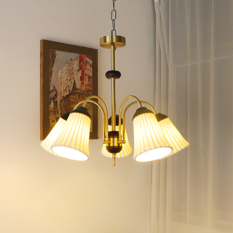 Traditional French Provincial Gold Finish Frame Ceramic Morning Glory Shape 3/5-Light Chandelier For Living Room