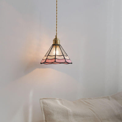 Japanese Vintage Pink Striped Cone Glass 1-Light Pendant Light