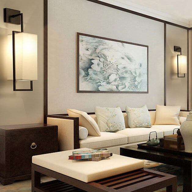 Traditional Chinese Square Fabric Iron Frame 1-Light Wall Sconce Lamp For Bedroom &amp; Living Room