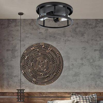 Industrial Vintage Iron Round Drum Hollow 2-Light Flush Mount Ceiling Light