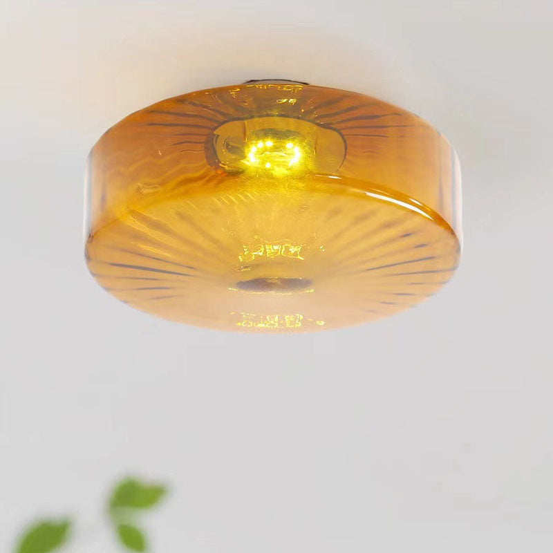 Traditional Vintage Round Ripple Glass LED Flush Mount Ceiling Light For Living Room