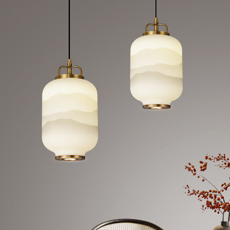 Traditional Chinese Lantern Brass Glass LED Pendant Light For Living Room