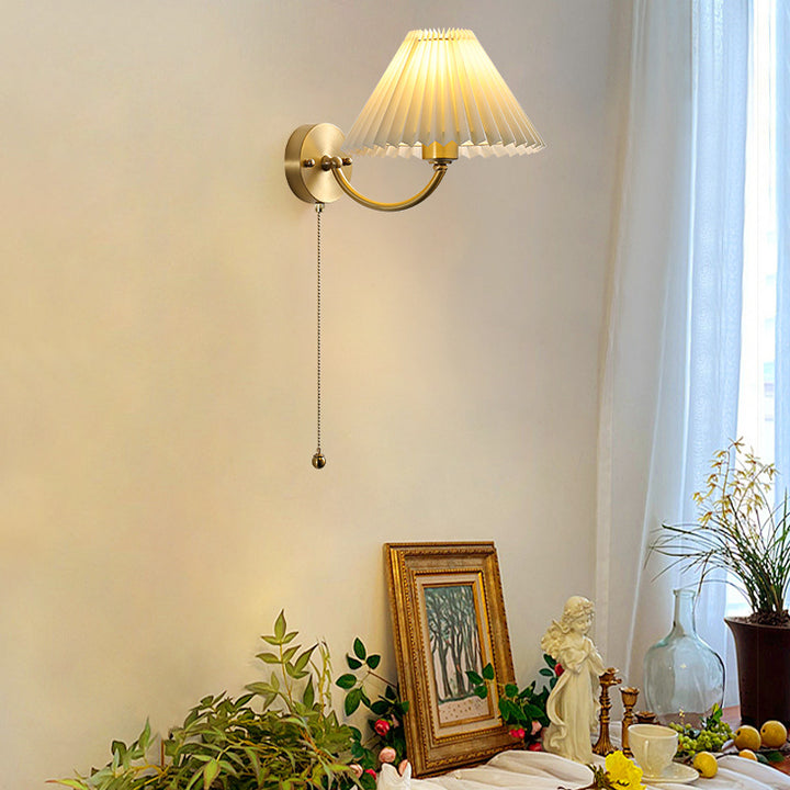 European Minimalist Pleated Copper Fabric 1-Light Wall Sconce Lamp