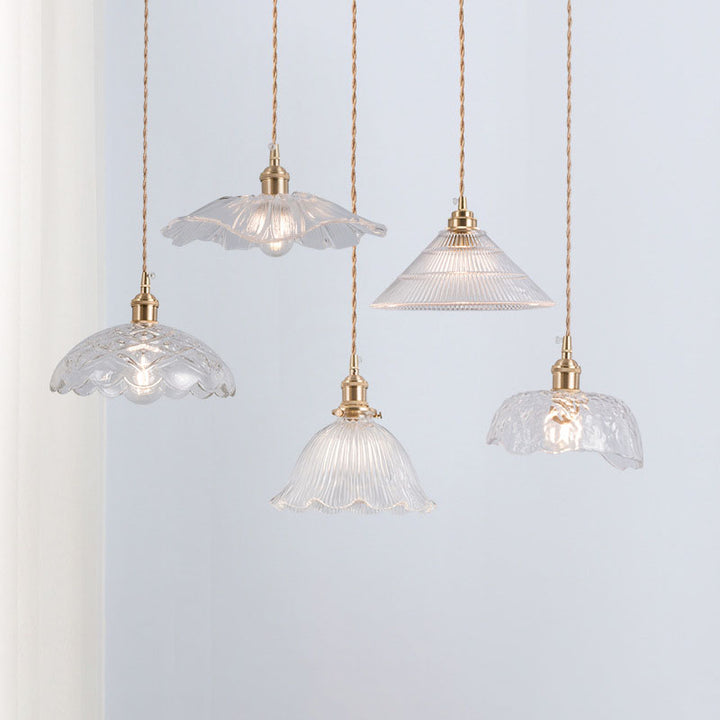 Suspension lumineuse en laiton avec abat-jour en verre clair vintage nordique en forme de fleur à 1 lumière 