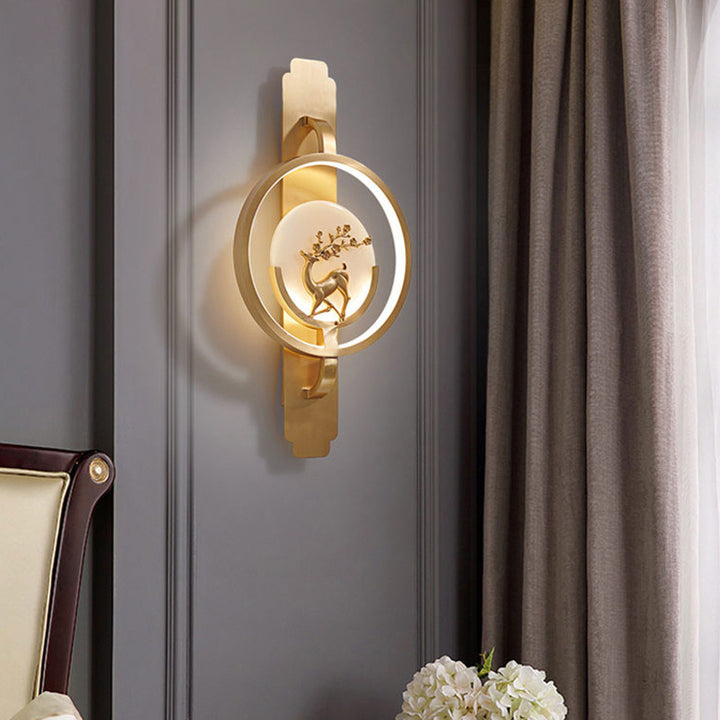 Aplique de pared LED de mármol y cobre redondo con diseño de ciervo de lujo moderno 