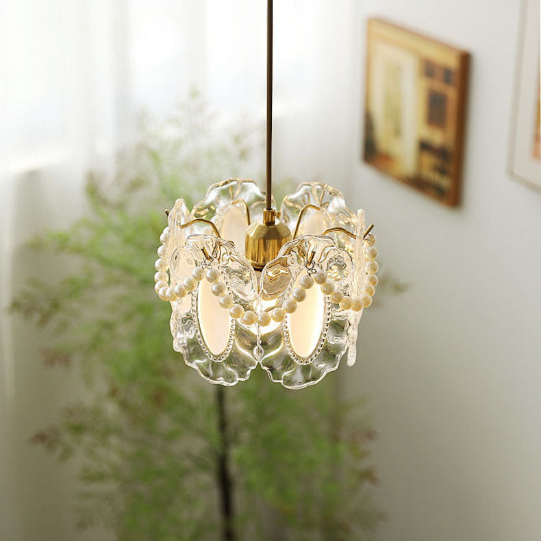 Traditional French Feather Pearl Petal Hardware Glass 1-Light Pendant Light For Bedroom