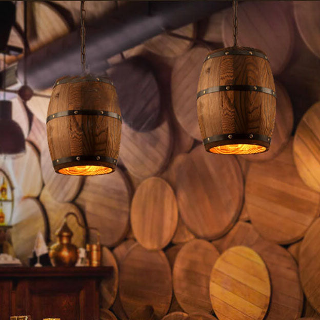 Lámpara colgante individual de 1 luz estilo barril de vino redondo rústico tradicional de hierro y madera para comedor 